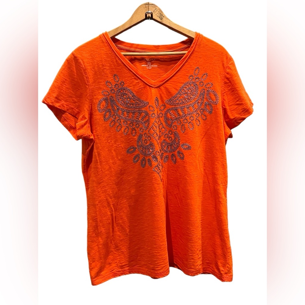 Orange short sleeve shirt with sequins design